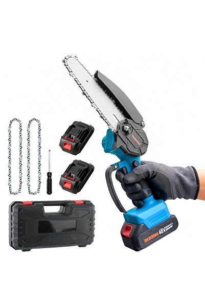 OKBOONS Mini Portable Electric Chainsaw, Saw, 2 Batteries, 2 Chains, Safety B...