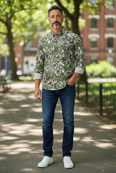 GÖMLEK GALERİSİ Men's Long Sleeve Shirt with Slim Fit Digital Printing Pattern