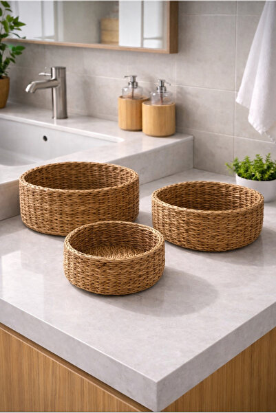 Kitchen Pembelia 3’lü Yuvarlak Hasır Çok Amaçlı Banyo mMutfak Makyaj Aksesuar...