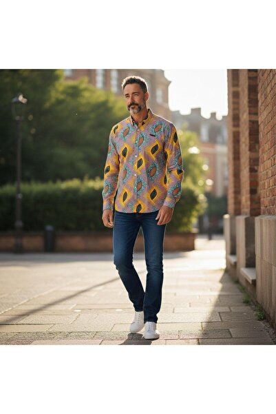 GÖMLEK GALERİSİ Slim Fit Digital Print Patterned Long Sleeve Sports Shirt