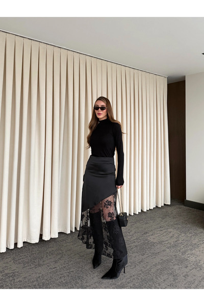 Laluvia Black Asymmetrical Lace Detailed Satin Skirt - 202601