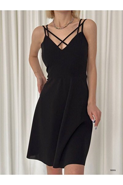 rengamoda Women's Cross Strap Chest Detail Scuba Crepe Flared Mini Dress