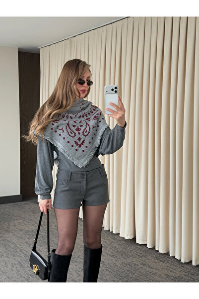 Laluvia Gray - Burgundy Patterned Knitwear Shawl - 251003