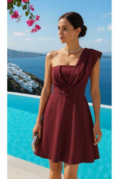 rengamoda Women's One-Shoulder Detailed Belted Scuba Fabric Mini Dress