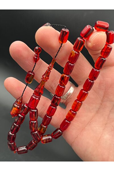 Cemhan Göksal سبحة من حجر العنبر الناري مقاس 7x11 ملم، مصنوعة يدويًا بتصميم خ...