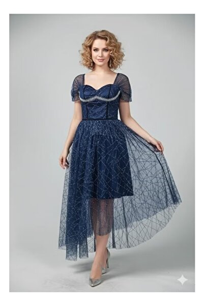 FULLJOY Blue tulle embroidered evening dress, an elegant women's dress with a...