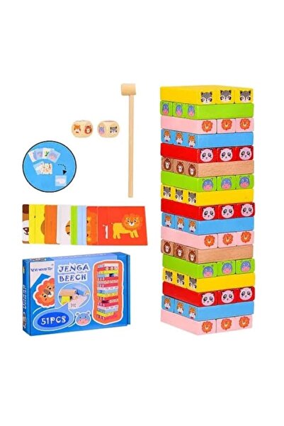 Picodino Joc Jenga Turn Instabil, Montessori, Lemn cu Animale, 51 Piese