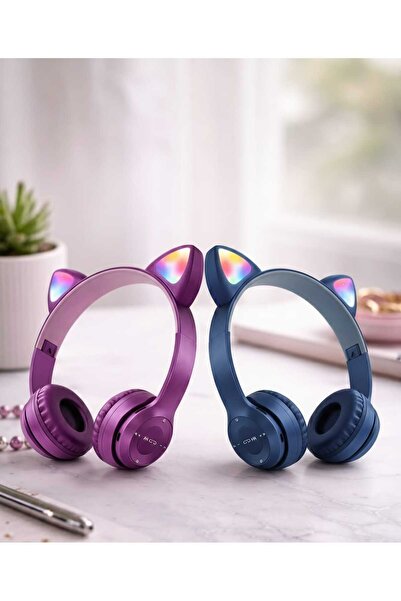 OEM Set of 2 Bluetooth headphones for children, with ears and LED light Purpl...