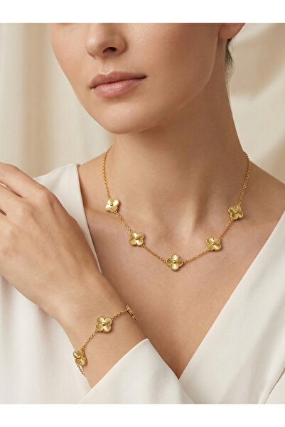 LOREZIA Kadın Gold Renk Yonca Figürlü Paslanmaz Kararmaz Çelik Kolye ve Bilek...