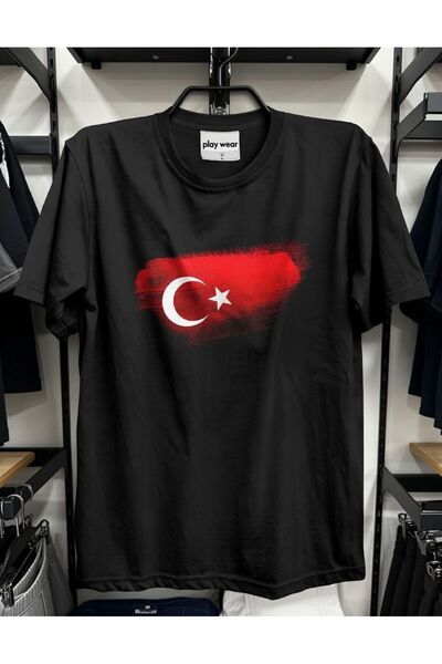playwear تي شيرت PLAY WEAR للجنسين بتصميم فضفاض - علم تركيا مطبوع أسود