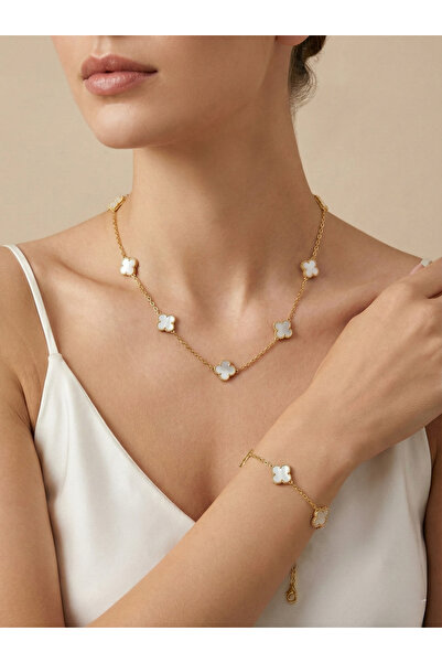 LOREZIA Kadın Beyaz Yonca Figürlü Gold Renk Paslanmaz Kararmaz Çelik Kolye ve...