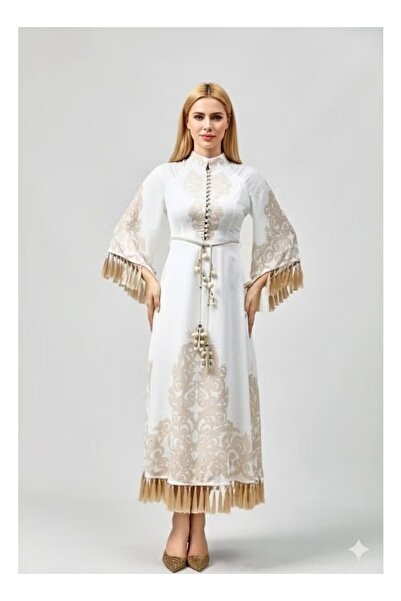 FULLJOY White jalabiya Printed with gold patterns, with wide sleeves and a belt