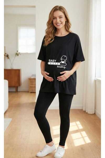 LiyAdaCo Tricou negru supradimensionat cu imprimeu Mother Baby Loading pentru...