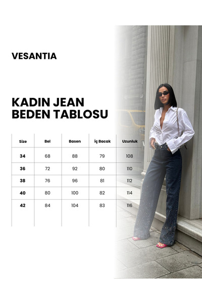 vesantia Kadın Ön & Arka Full Taş İşlemeli Yüksek Bel Likralı Palazzo Fit Jean