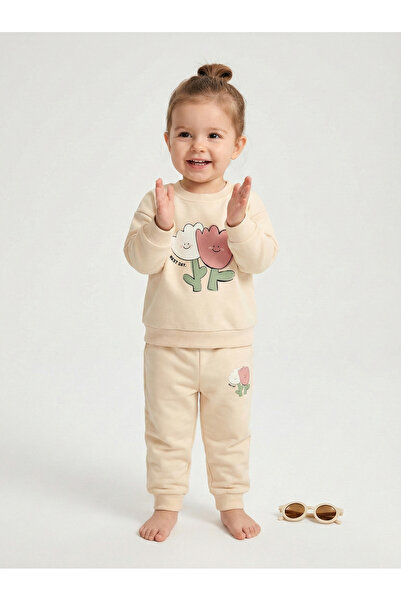 Noone Baby Girl Tulip Patterned "Best Day" Printed Fleece-Lined Sweatshirt an...