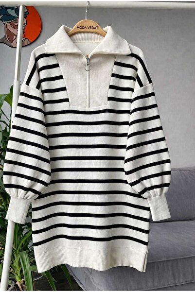 MODA VEDAT Women's Collared Zippered Knitwear Tunic --0355