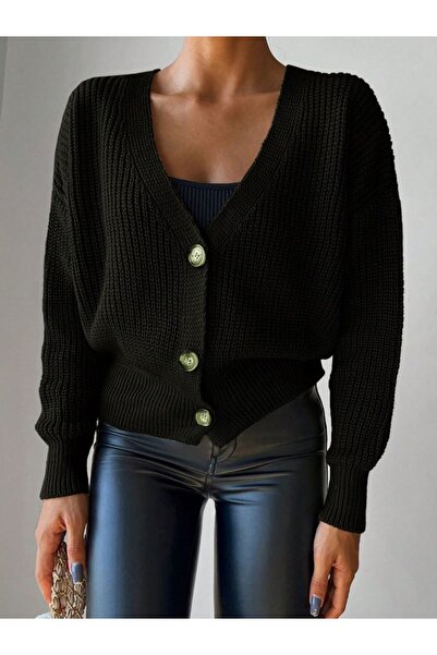 babatr.com Women's Long Sleeve Button Detail Knitwear Cardigan