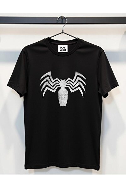 playwear PLAY WEAR Unisex Bol Kalıp Siyah Tişört Venom Distressed Logo