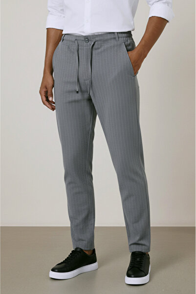 Sizce Moda Ανδρικό γκρι υφαντό παντελόνι jogger με ρίγες, με κουμπιά μπροστά,...