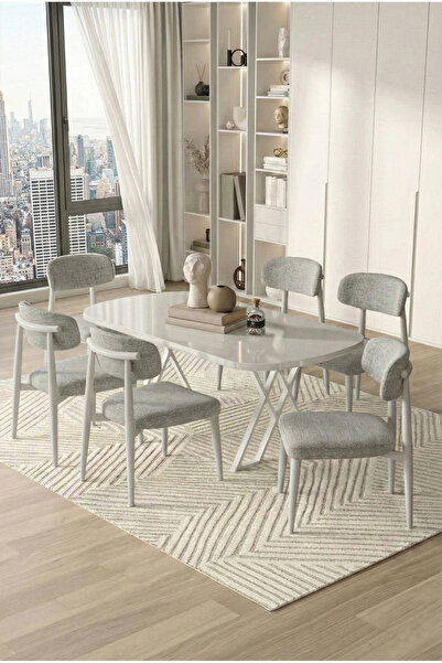 DEREN HOME Polly Serisi 90x168 MDF Sabit Masa Mutfak Yemek Salon Takımı 6 Ade...