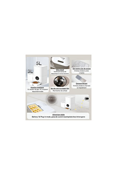 Adamcaly Dispenser Smart 2 in 1, Aplicatie pe Telefon, cu 3 Litri Apa si 5 Litri Hrana