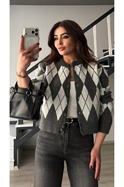 Oslove Anthracite Bone Baklava Pattern Cardigan