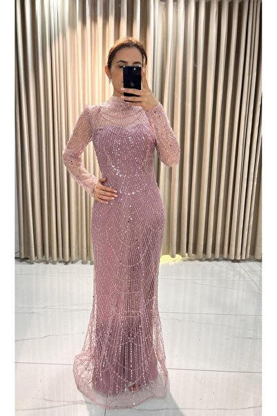 Kaleiçi Yıldızlar Pudra İnci İşlemeli Abiye Elbise |