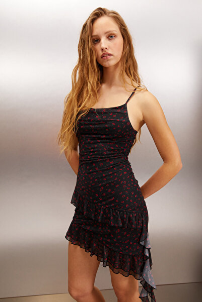 ETHIQUET Nimua Women's Tulle Mesh Fabric Lined Asymmetrical Ruffled Tassel Mi...