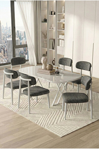DEREN HOME Polly Serisi 90x168 MDF Sabit Masa Mutfak Yemek Salon Takımı 6 Ade...