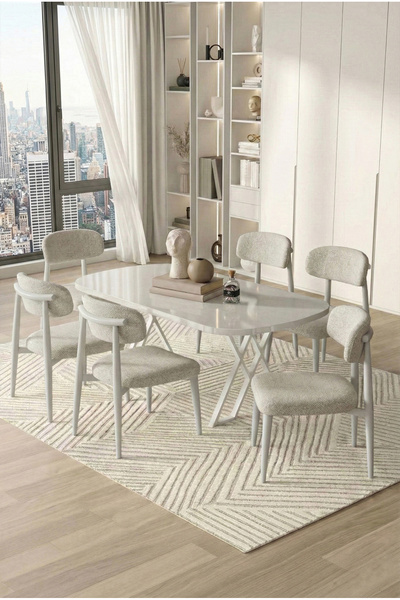 DEREN HOME Polly Serisi 90x168 MDF Sabit Masa Mutfak Yemek Salon Takımı 6 Ade...