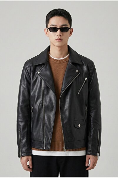 da collection Erkek Biker Deri Ceket Kemersiz