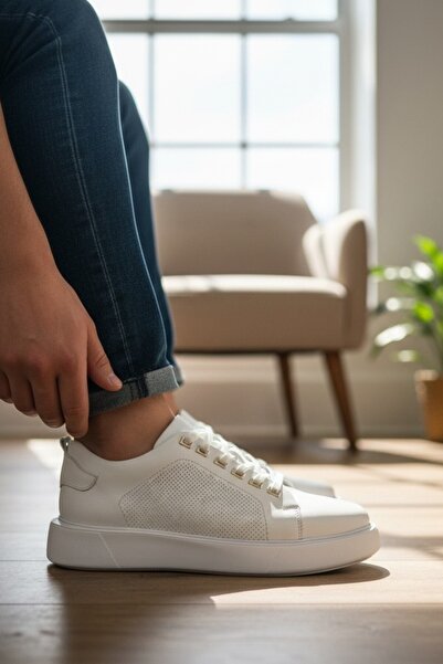 enoch حذاء رياضي رجالي من إينوخ مصنوع من الجلد الطبيعي ومزين بتفاصيل مقطوعة ب...