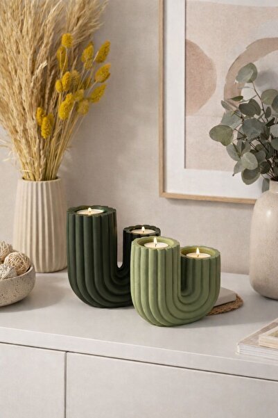 BUBUHOMEDECOR Modern Evler İçin Kaktüs Figürlü Mumluk 2'li Açık Yeşil/Koyu Ye...
