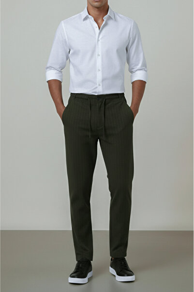 Sizce Moda Ανδρικό χακί υφαντό ριγέ παντελόνι jogger, με κουμπιά μπροστά, με ...