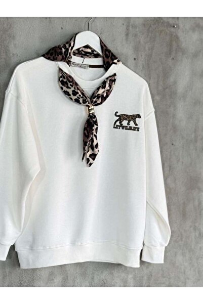Kokoşum Butik 5811 Leopard Scarf Sweat White