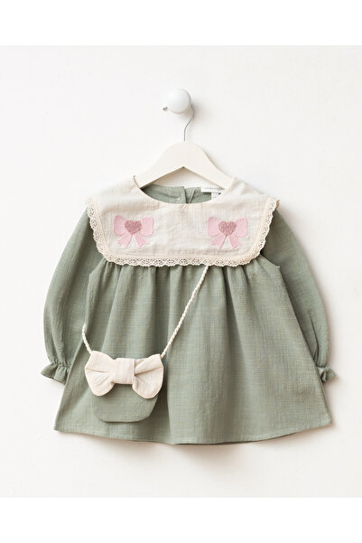 NOBLEKIDS Green Embroidery Detailed Peter Pan collar Bag Holiday Linen Baby G...