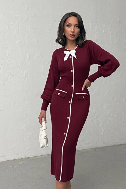 Lusin Women's Burgundy Stylish Bow Detailed Balloon Sleeve Knitwear Dress