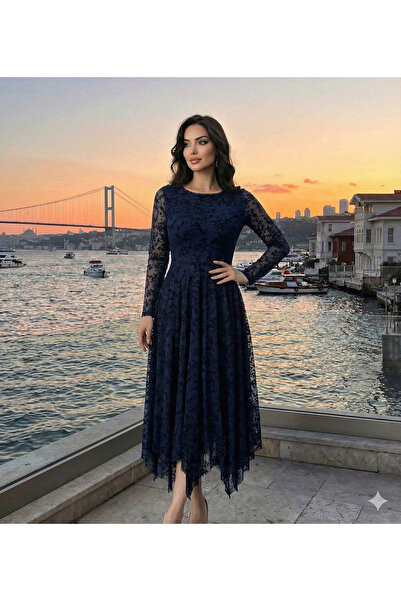 UZER Kadın lacivert Tül Üzeri Flok Baskılı Asimetrik Kesim Elbise