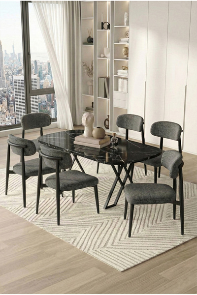 DEREN HOME Pollys Serisi 90x168 MDF Sabit Masa Mutfak Yemek Salon Takımı 6 Ad...
