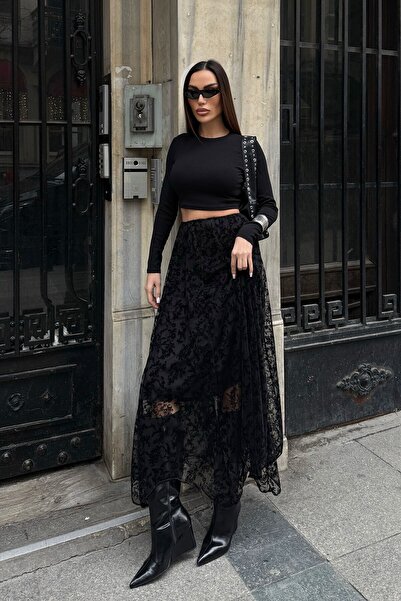 bacc Black High Waist Lace Detailed Maxi Skirt Bcdf-25H6009