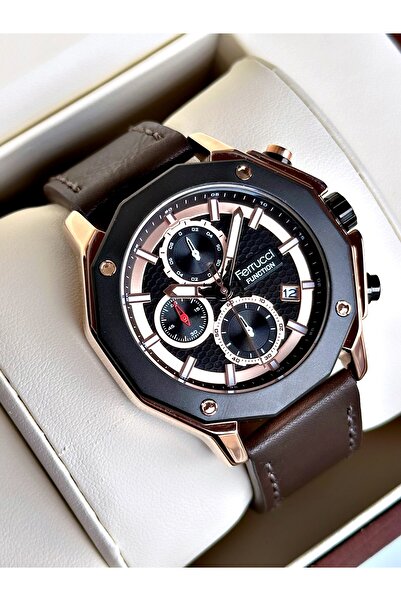 Ferrucci Functional Brown Color Leather Cord Men's Wristwatch