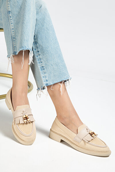 ABBA Beige Tricot Tasseled Beaded Loafer Daily Flats