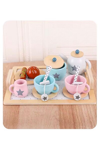 Denn Store Set ceai pentru copii din lemn tea set 13 piese— tavă, ceainic, ce...
