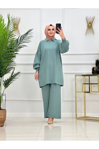 Summer Store Elegant Balloon Sleeve Tunic Trousers Double Hijab Set