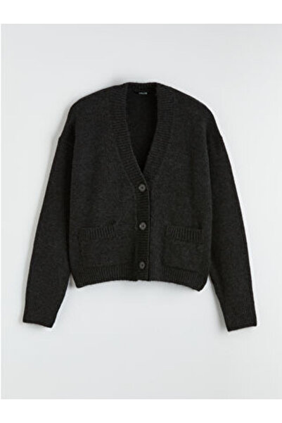 LC Waikiki Anthracite V-Neck Women's Knitwear Cardigan