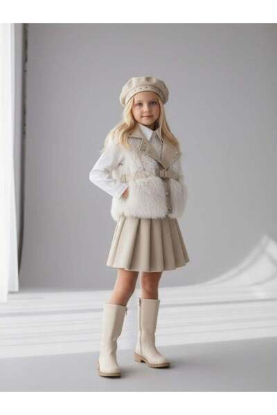 Zekids Set de patru piese pentru fete: vestă de blană, bluză, fustă din piele...