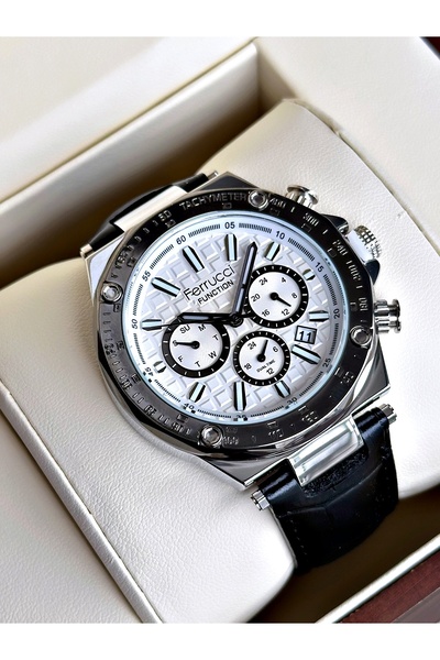 Ferrucci Functional Black-White Color Leather Cord Men's Wristwatch