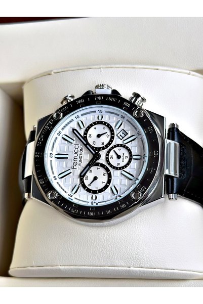 Ferrucci Functional Black-White Color Leather Cord Men's Wristwatch