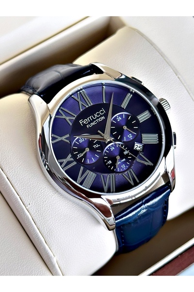Ferrucci Functional Navy Blue Color Leather Cord Men's Wristwatch