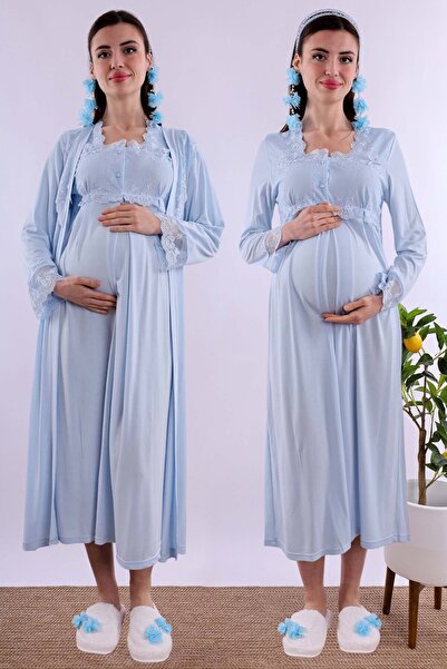 ByLohusa Effortt Maternity Maternity Nightgown Set with Blue Dressing Gown